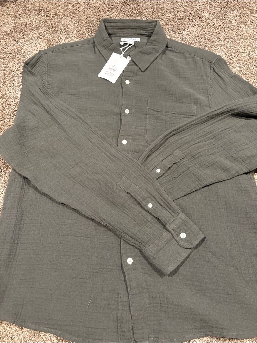 Men's Olive Button-Up Shirt - Lightweight Long Sleeve size L 100% cotton